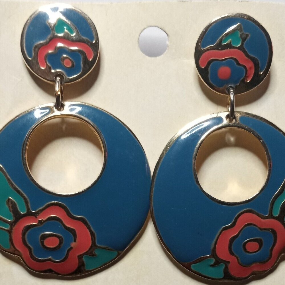 Vintage Blue Enamel Floral Dangle Earrings Gold Tone Pink Green Pierced